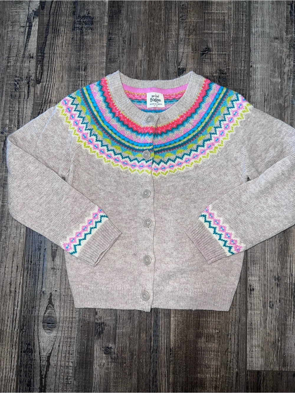 Boden Beige Cardigan with Multicolor Fair Isle Yoke